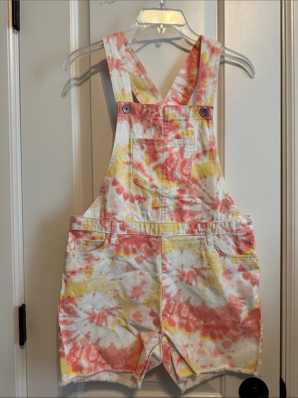 Children’s Place Coral Pink and Yellow Tie-Dye Short Overalls